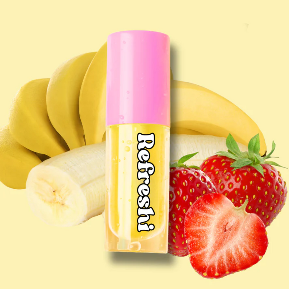 Huile à lèvres fraise-banane Refreshi, fini brillant fruité, soin hydratant vegan et non collant pour lèvres douces

