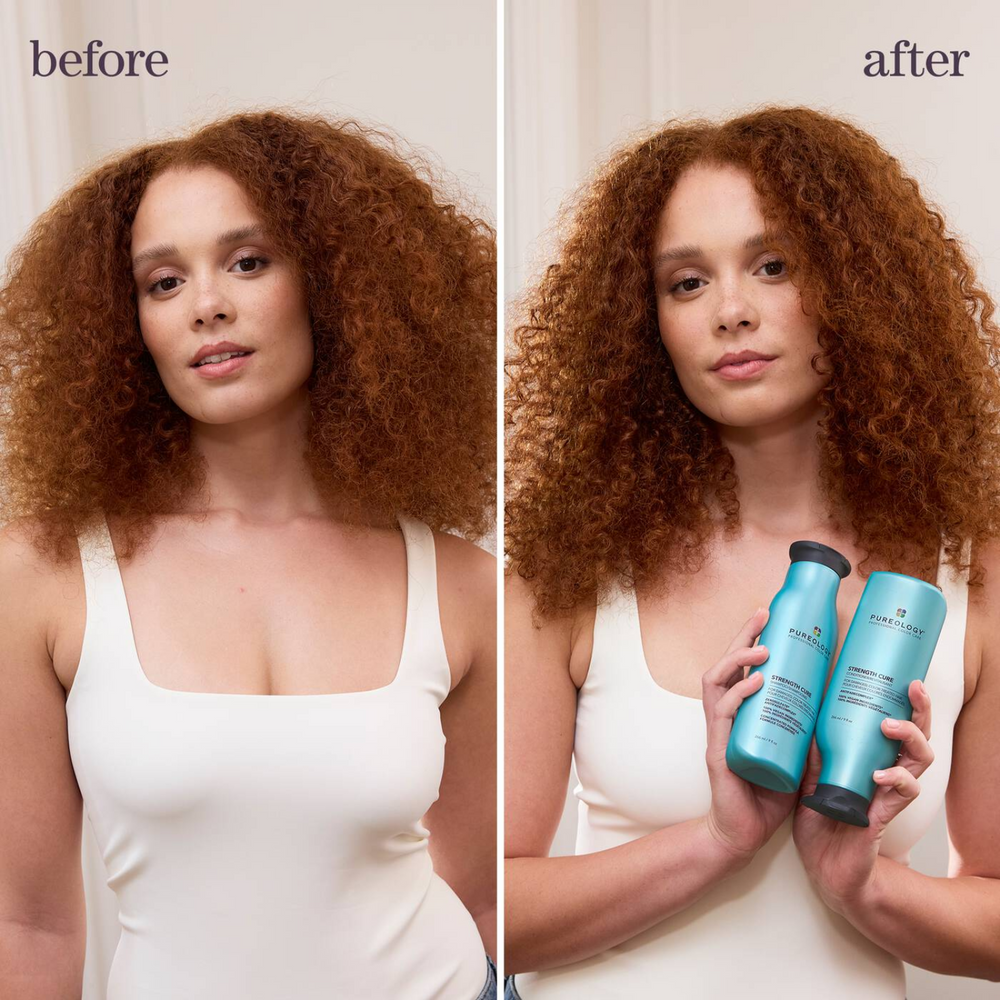 Flacon de Strength Cure Conditioner de Pureology sur fond neutre, avec bouchon visible.