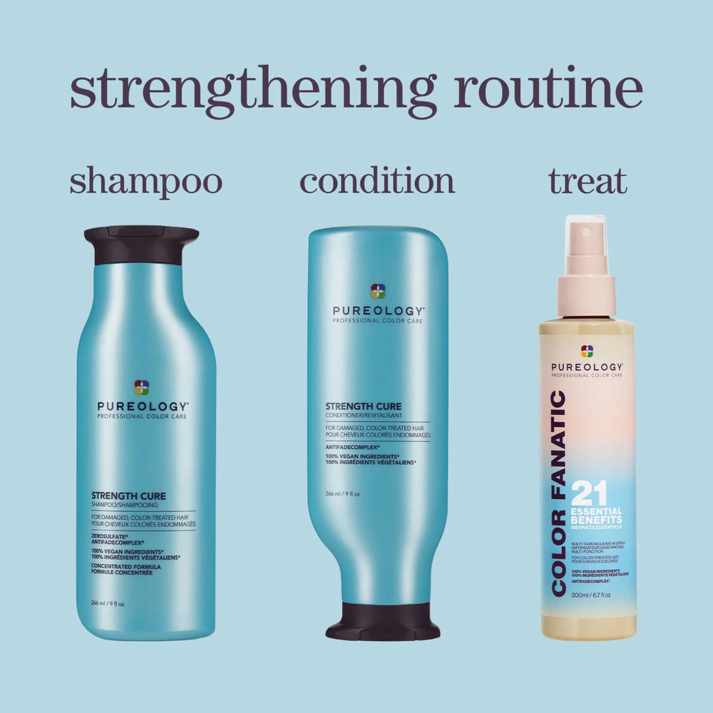 Flacon de Strength Cure Conditioner de Pureology sur fond neutre, avec bouchon visible.