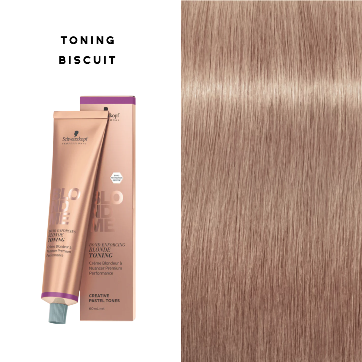 Tube de coloration BLONDME de Schwarzkopf avec mèche de cheveux blond [description de la nuance], résultat professionnel lumineux.
