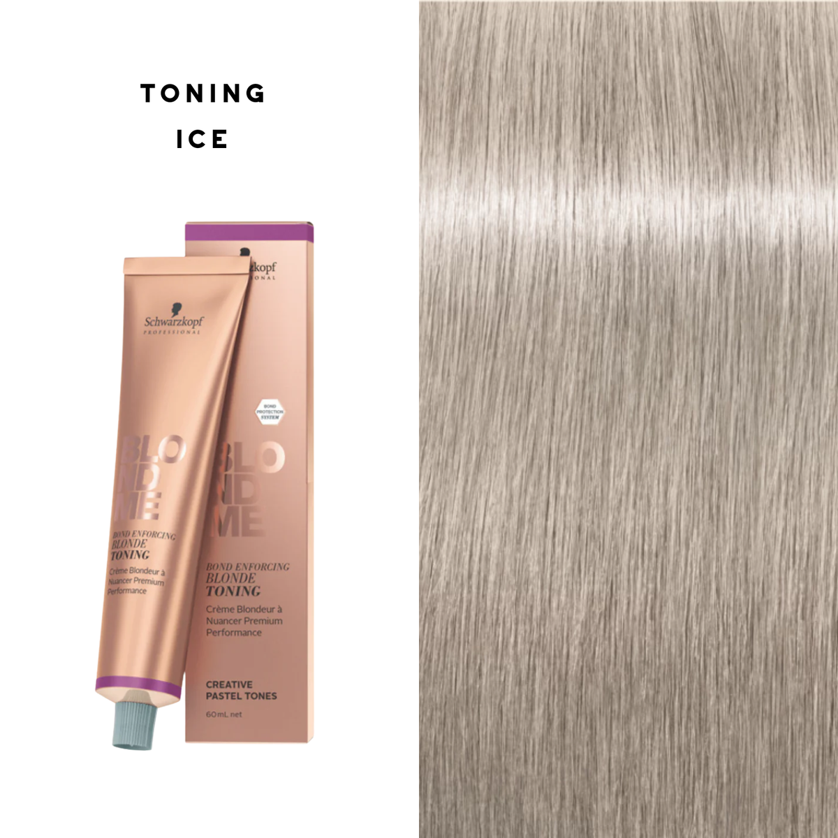 Tube de coloration BLONDME de Schwarzkopf avec mèche de cheveux blond [description de la nuance], résultat professionnel lumineux.
