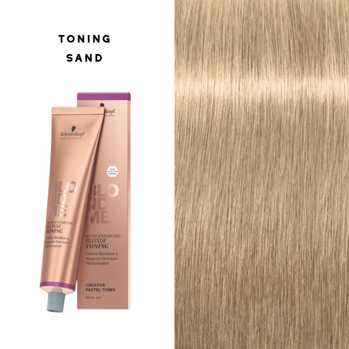 Tube de coloration BLONDME de Schwarzkopf avec mèche de cheveux blond [description de la nuance], résultat professionnel lumineux.