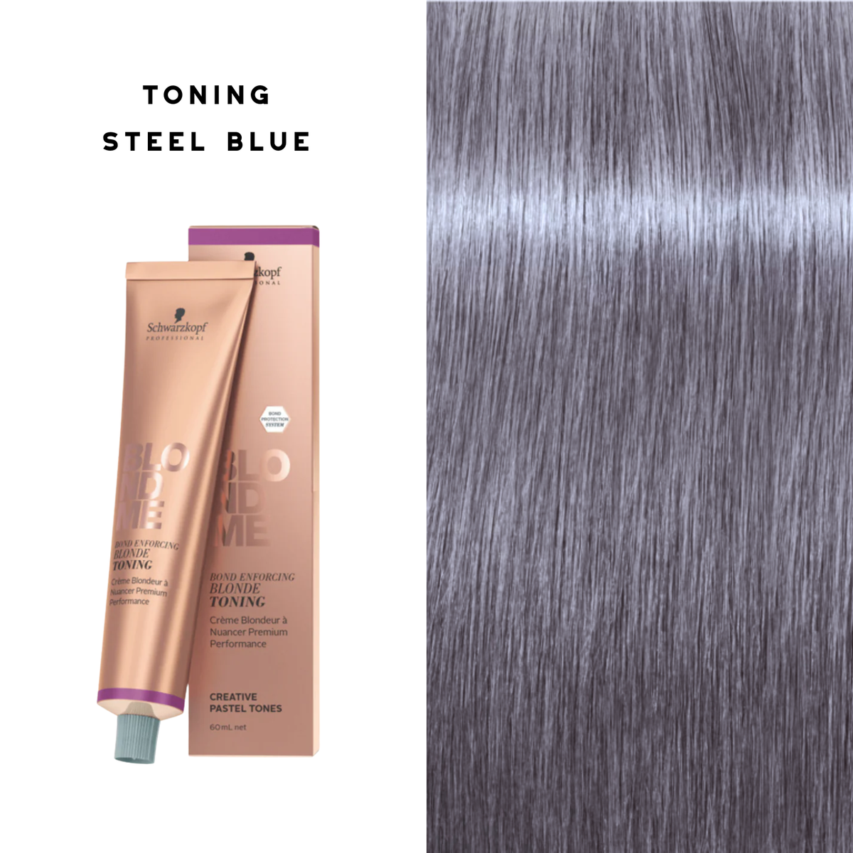 Tube de coloration BLONDME de Schwarzkopf avec mèche de cheveux blond [description de la nuance], résultat professionnel lumineux.