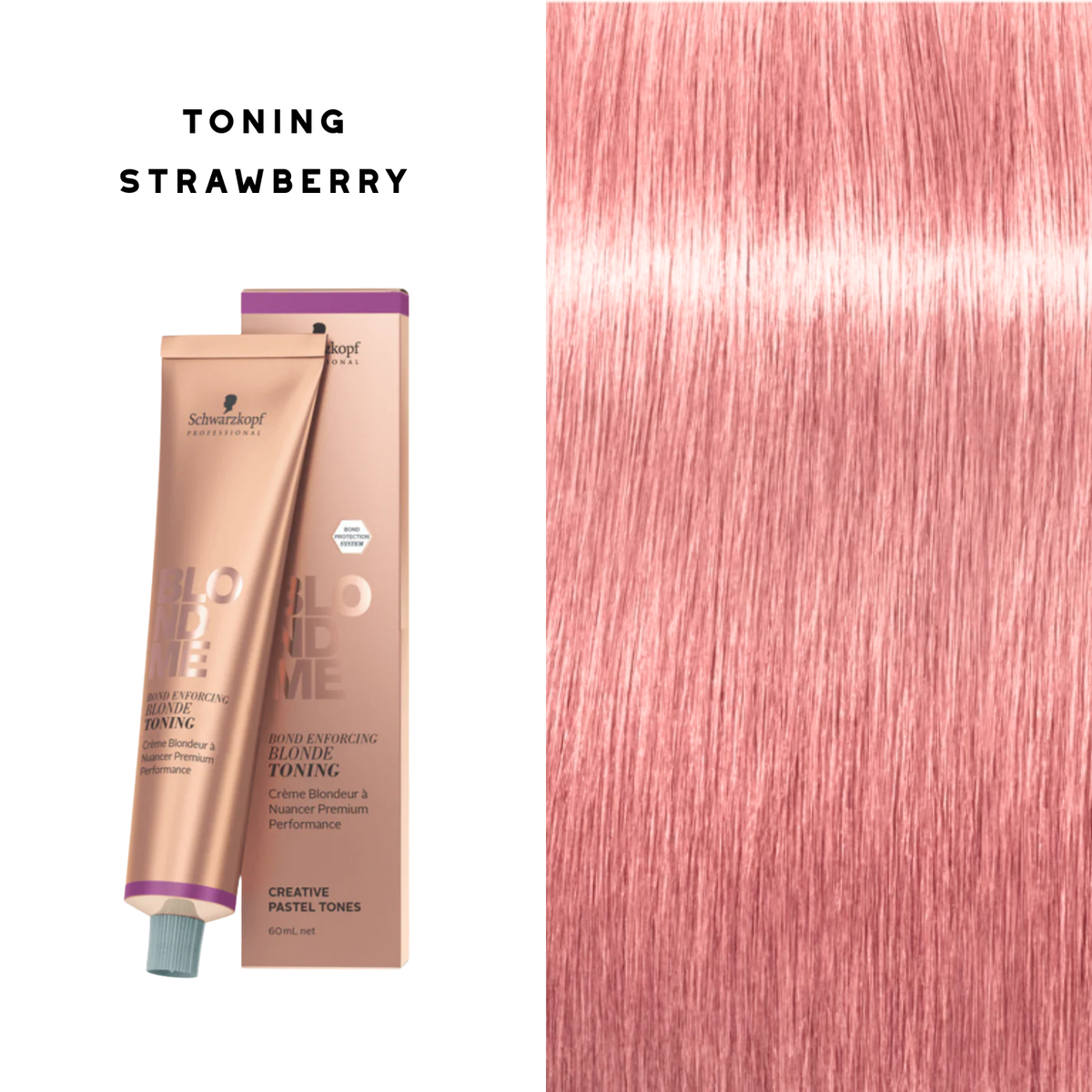 Tube de coloration BLONDME de Schwarzkopf avec mèche de cheveux blond [description de la nuance], résultat professionnel lumineux.