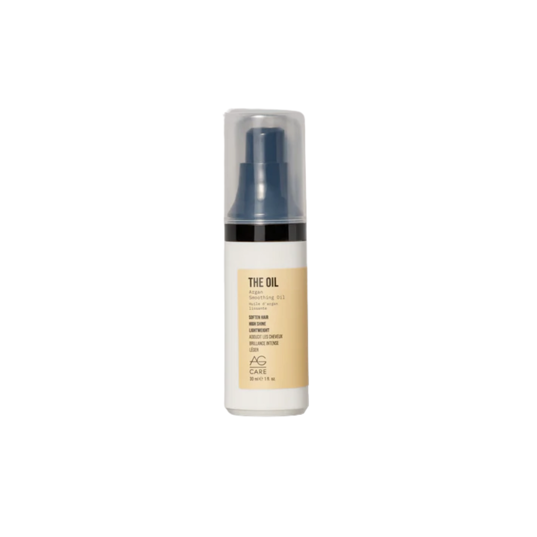 Flacon AG Care The Oil Argan Smoothing Oil sur fond blanc, cheveux lisses et brillants en arrière-plan