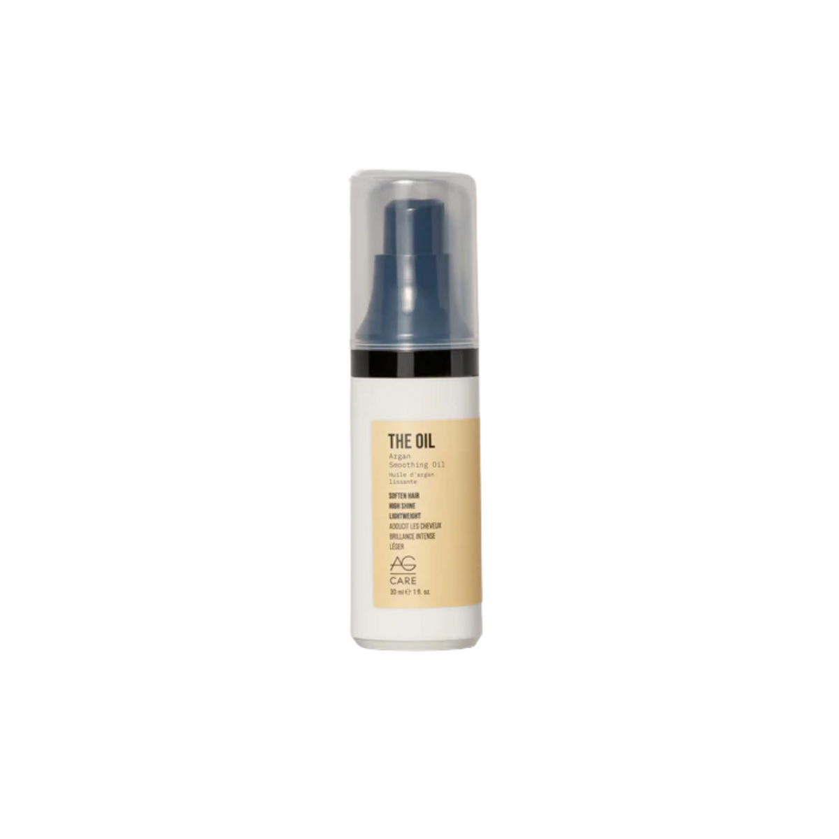 Flacon AG Care The Oil Argan Smoothing Oil sur fond blanc, cheveux lisses et brillants en arrière-plan
