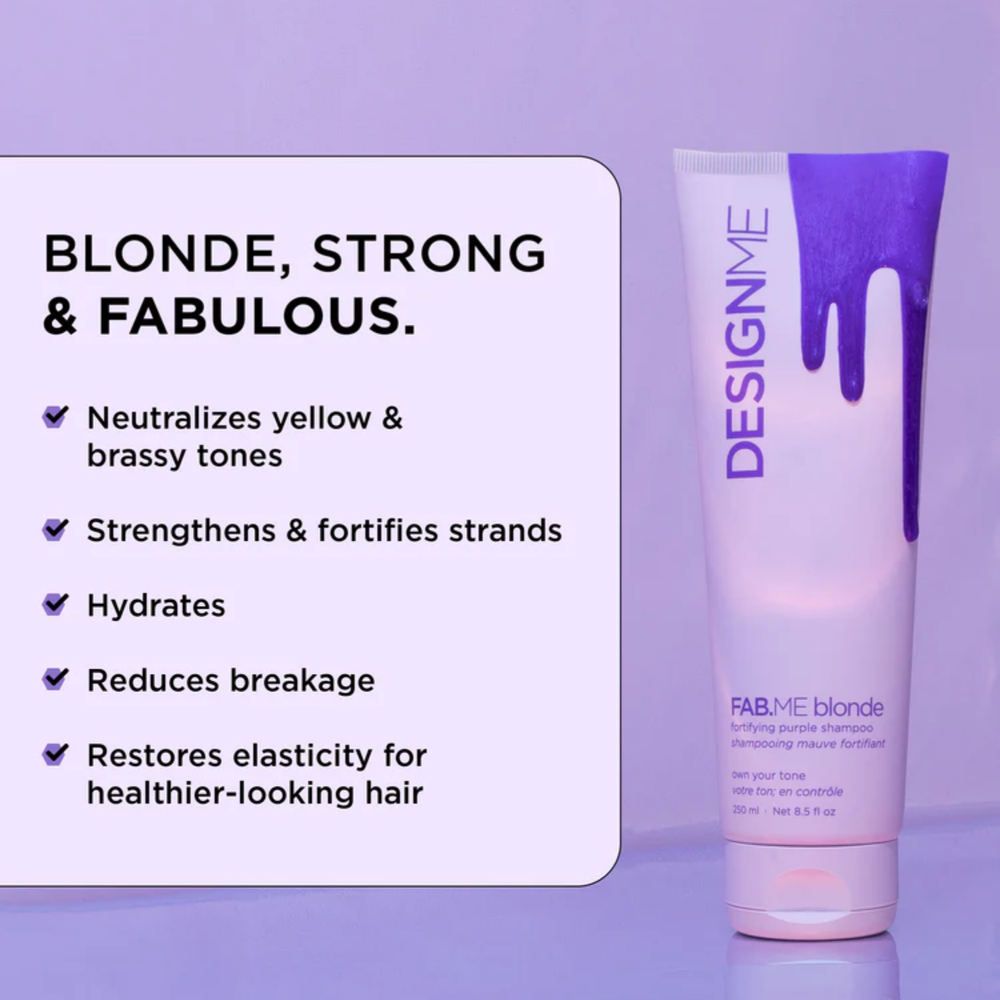 Tube de shampooing mauve fortifiant FAB.ME Blonde, neutralise reflets jaunes, cheveux brillants et renforcés
