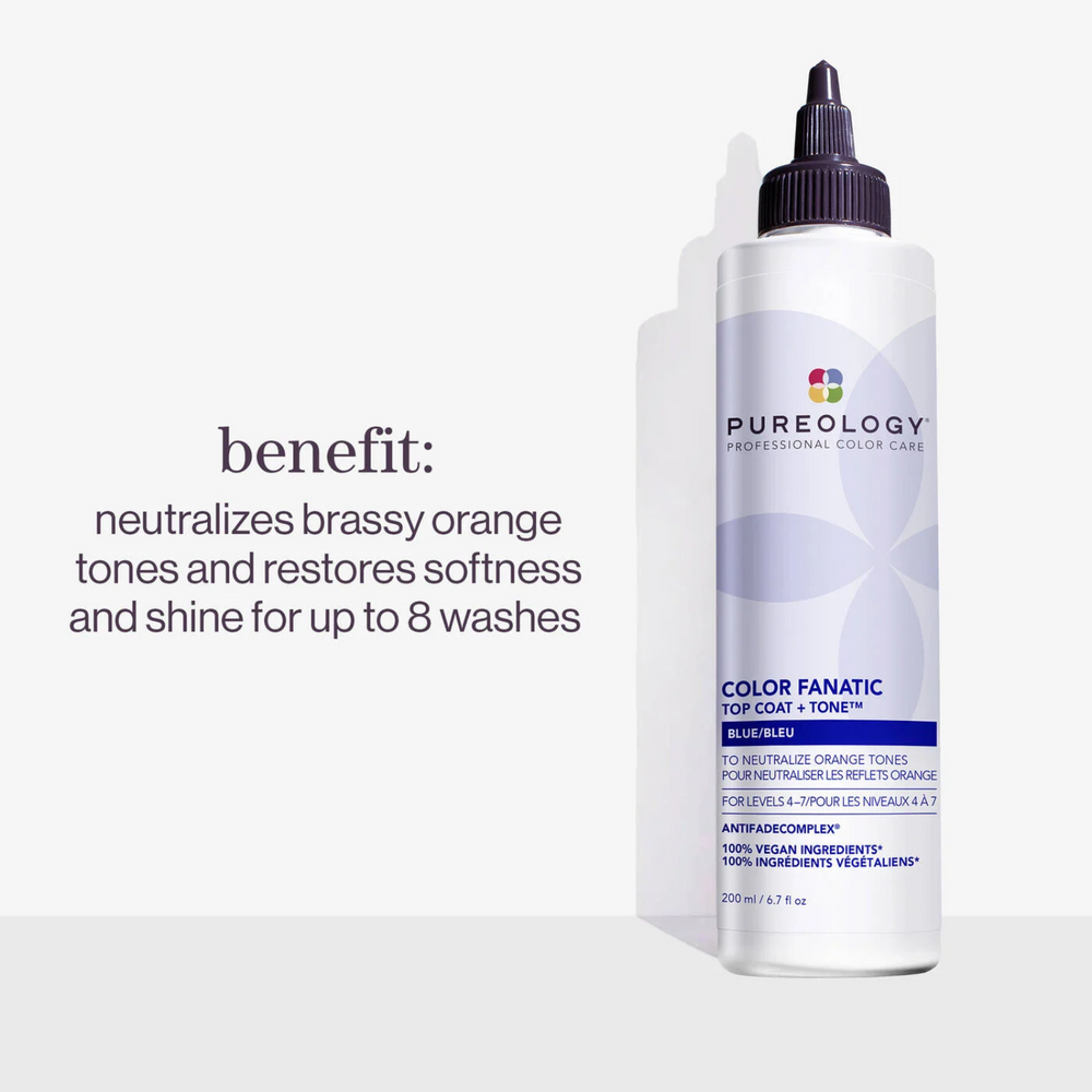 Flacon de Pureology Color Fanatic Top Coat + Tone Blue 200 ml, gloss bleu neutralisant pour cheveux foncés