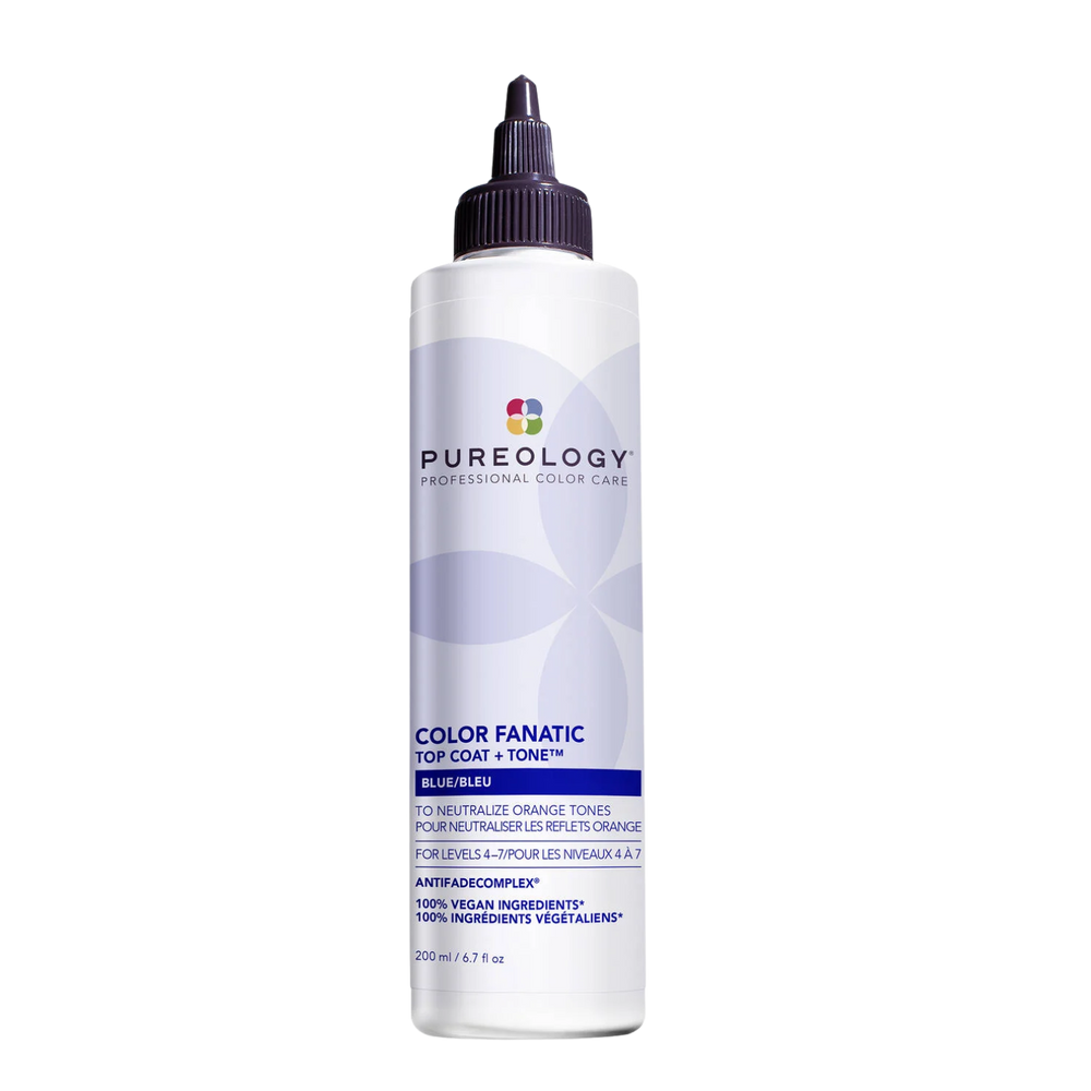 Flacon de Pureology Color Fanatic Top Coat + Tone Blue 200 ml, gloss bleu neutralisant pour cheveux foncés
