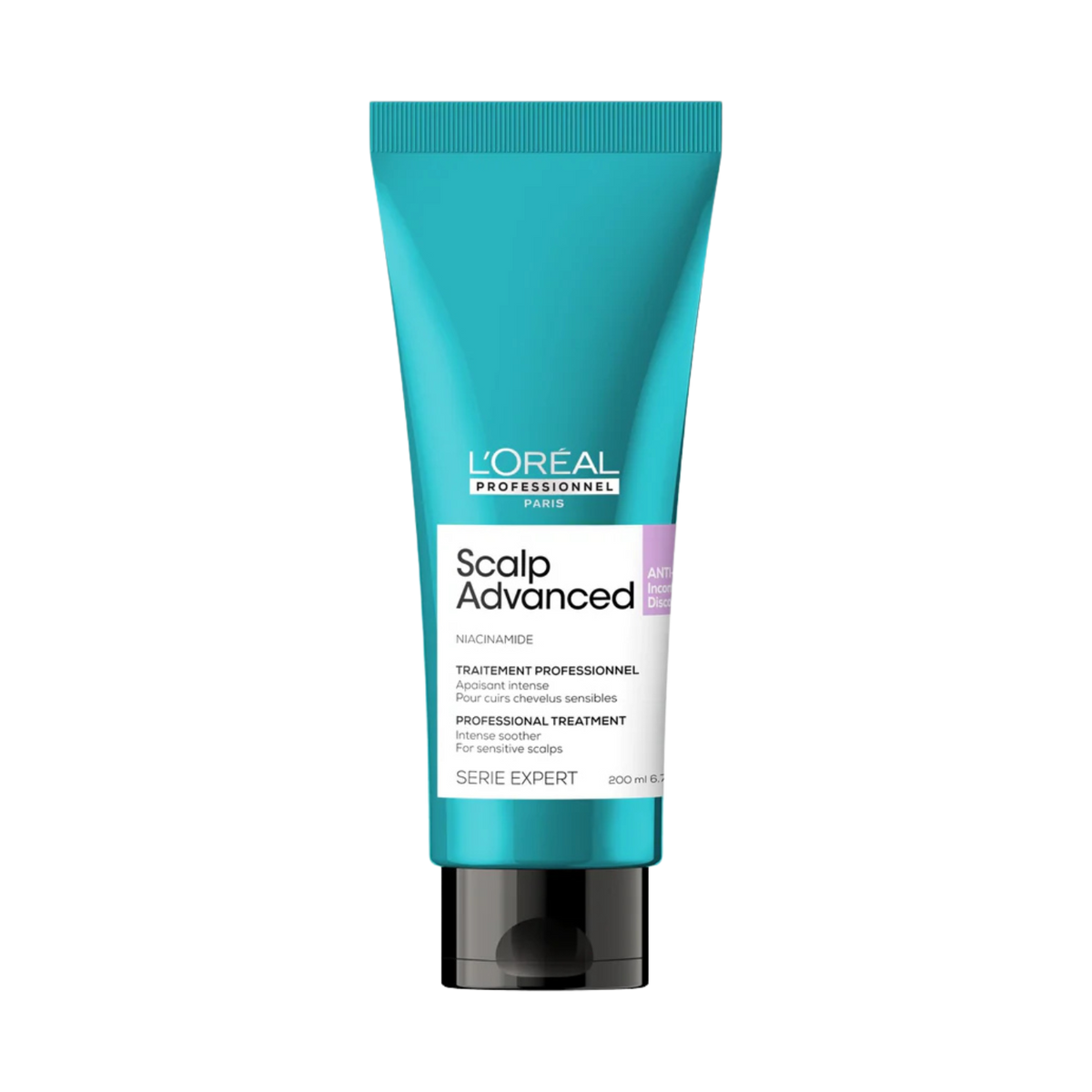 Flacon du Traitement Apaisant Intense Anti-Inconfort Scalp Advanced 200 ml de L'Oréal Professionnel, soin apaisant pour cuir chevelu sensible.