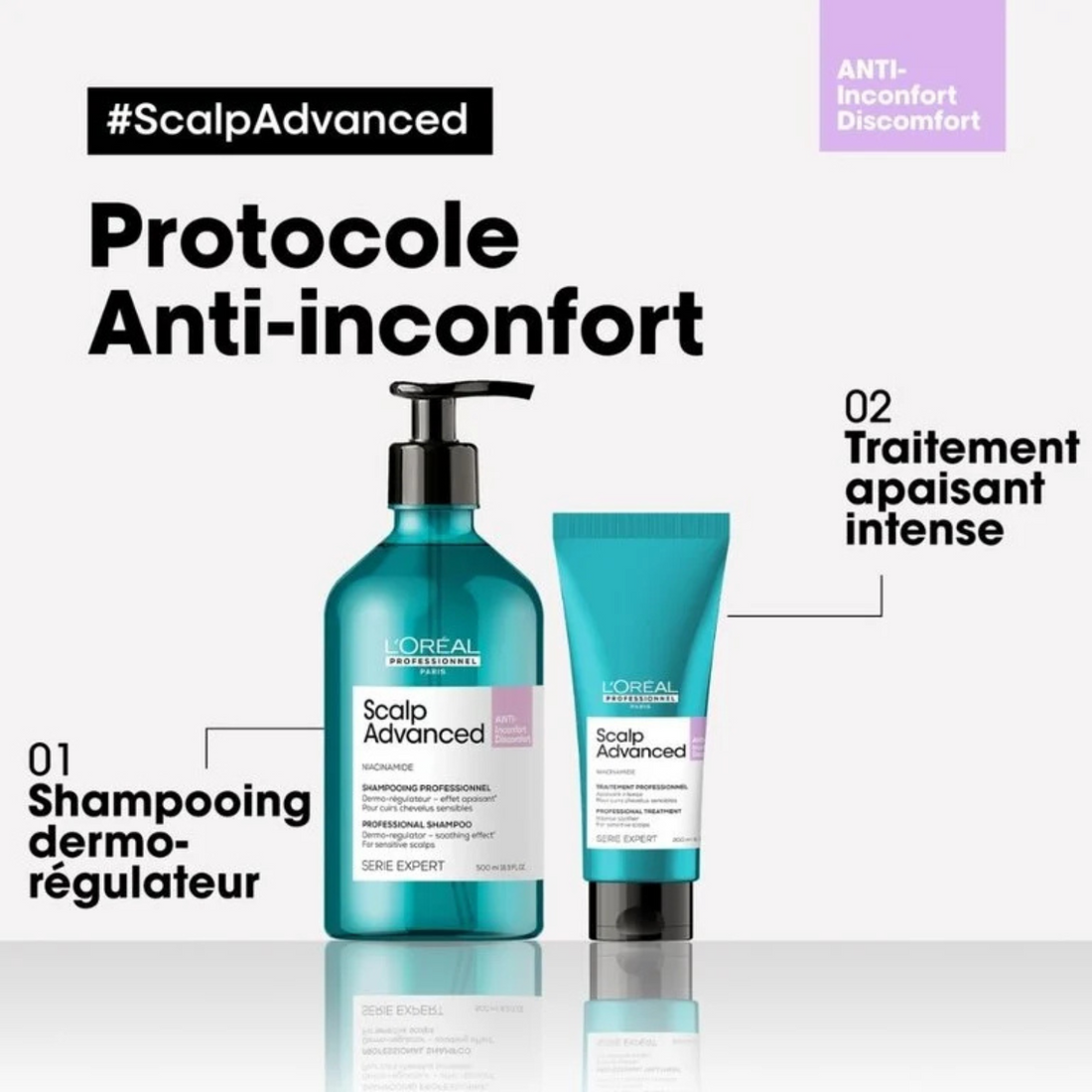 Flacon du Traitement Apaisant Intense Anti-Inconfort Scalp Advanced 200 ml de L'Oréal Professionnel, soin apaisant pour cuir chevelu sensible.
