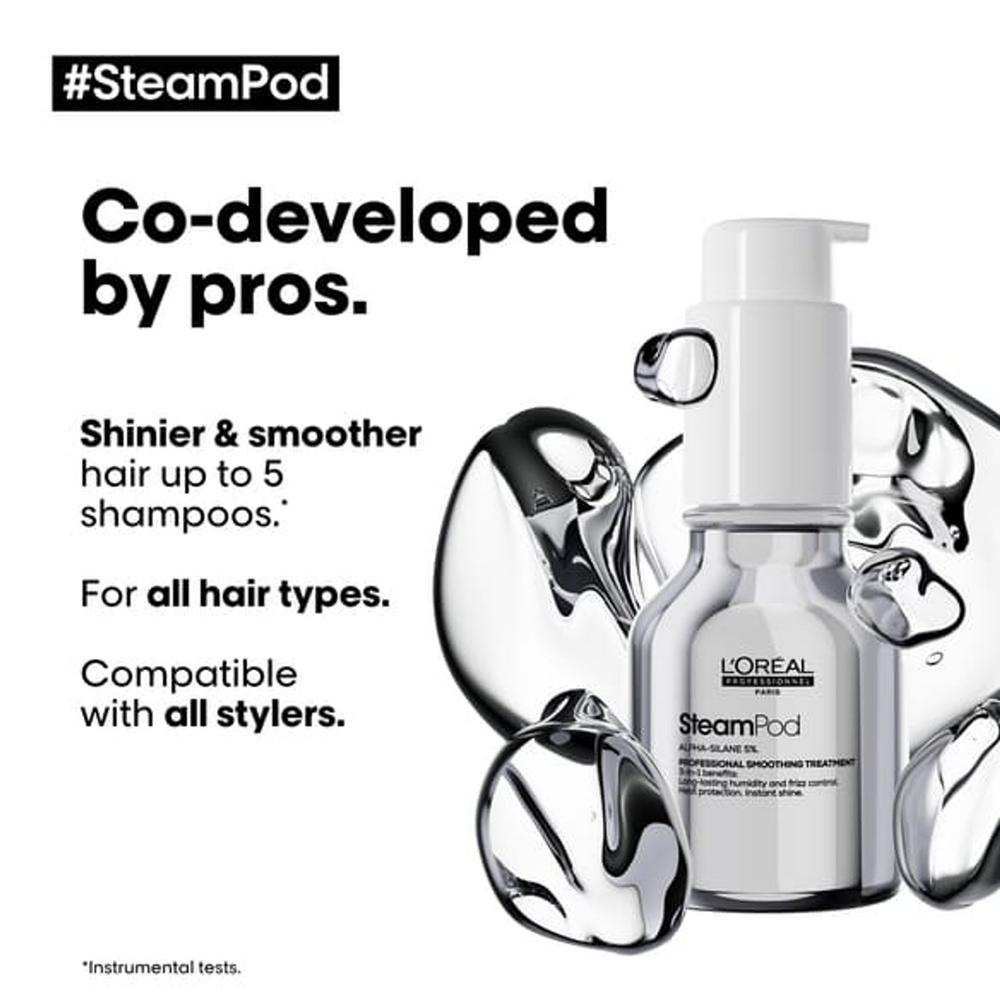 Flacon du traitement lissant professionnel SteamPod L’Oréal Professionnel – protection thermique & anti-frisottis pour cheveux lisses et brillants.