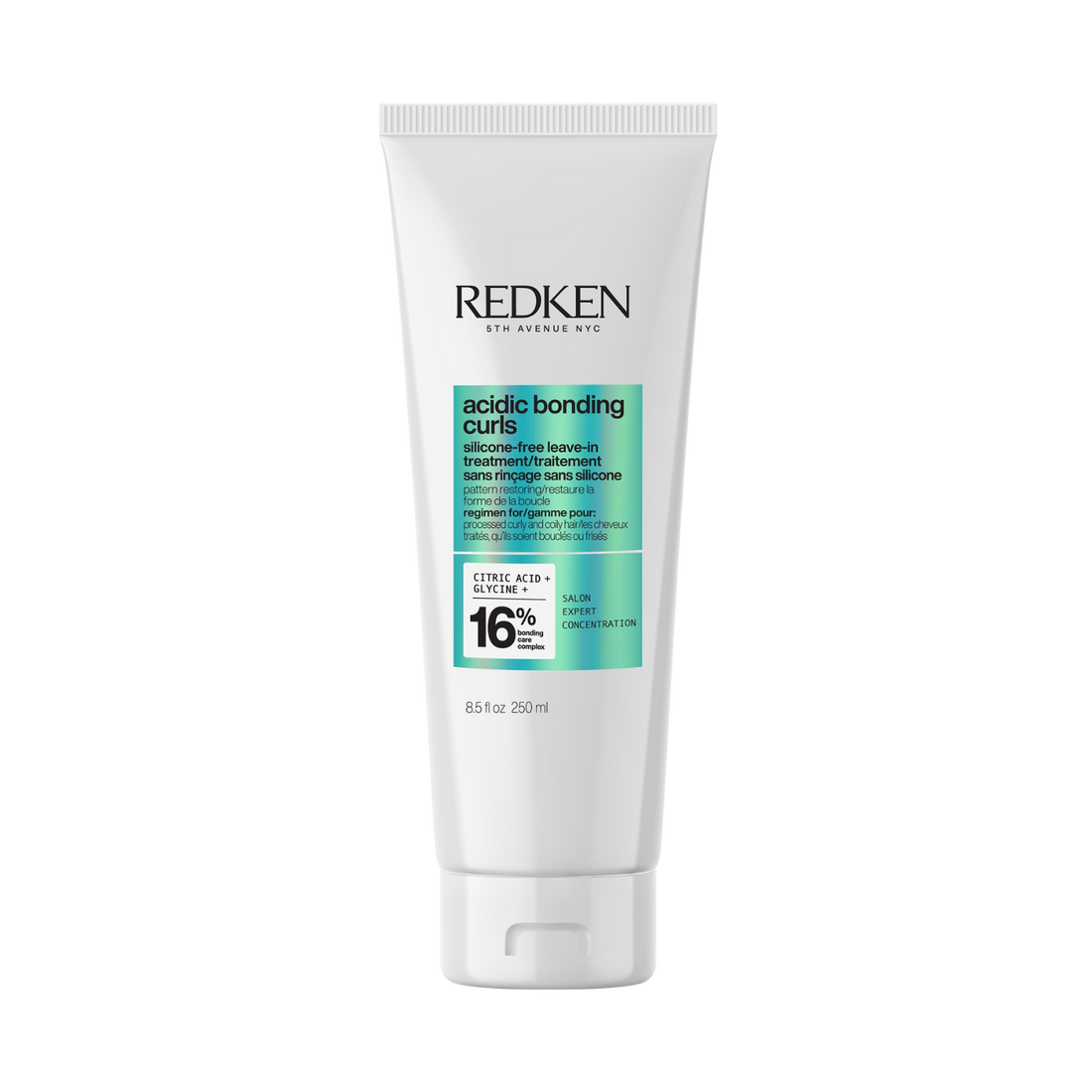 Flacon du traitement sans rinçage Acidic Bonding Curls Redken posé sur fond clair.