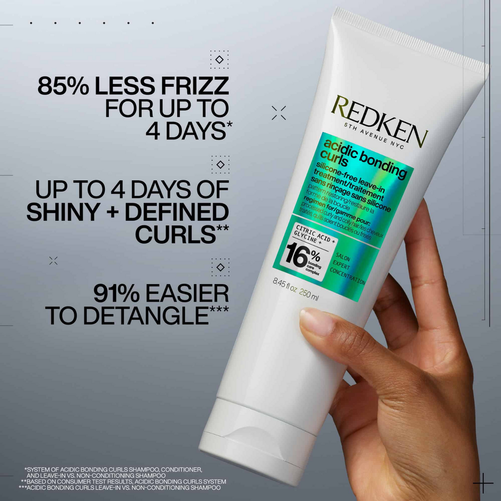 Flacon du traitement sans rinçage Acidic Bonding Curls Redken posé sur fond clair.