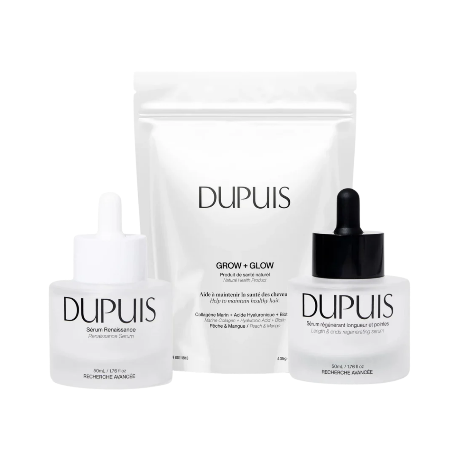 Trio croissance Dupuis avec sérums et supplément pour cheveux forts et denses
