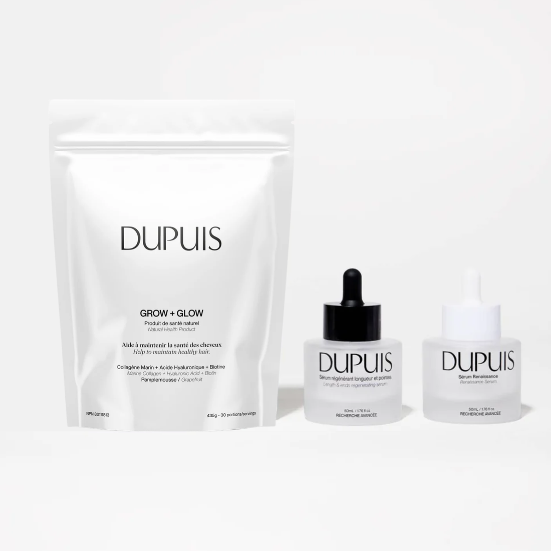 Trio croissance Dupuis avec sérums et supplément pour cheveux forts et denses