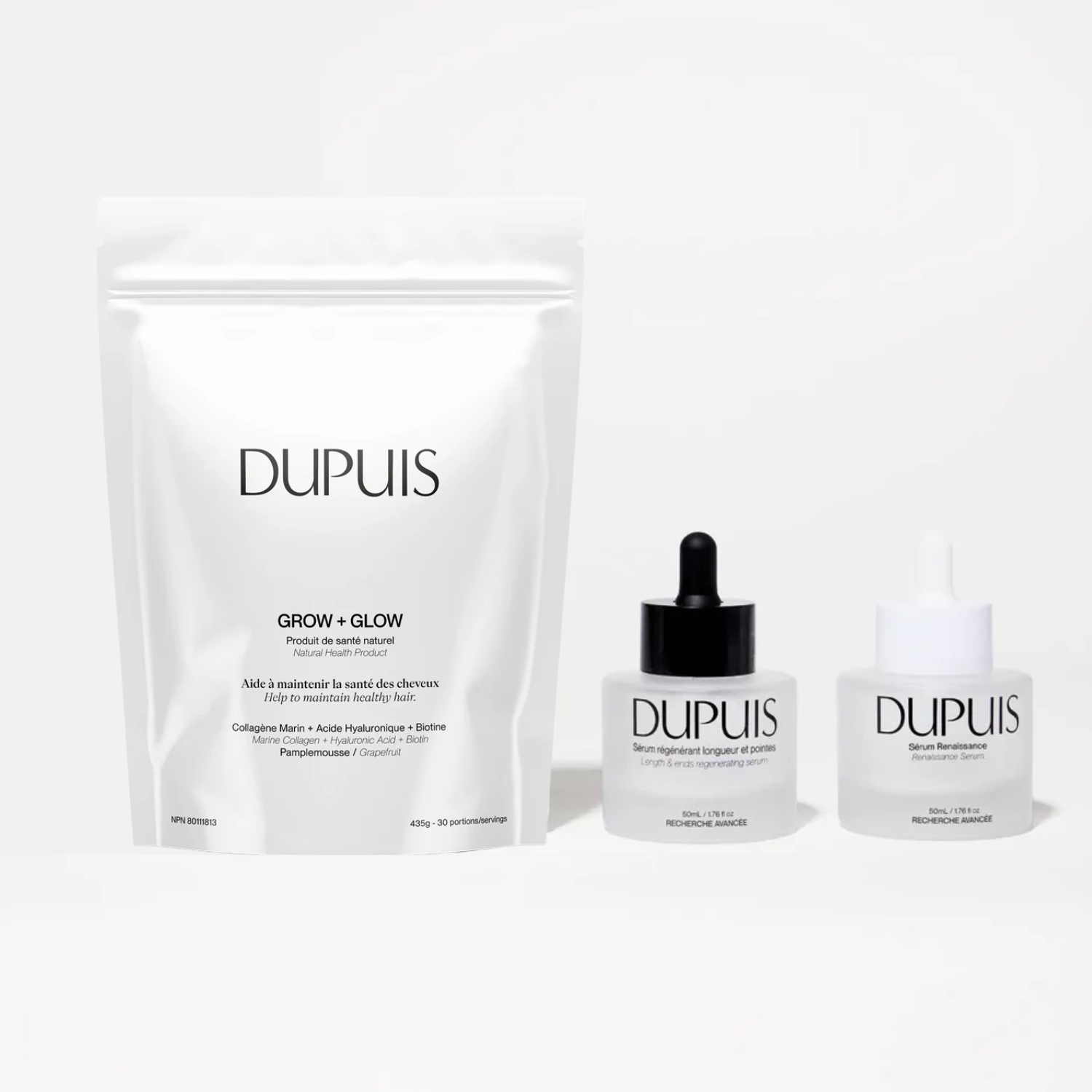 Trio croissance Dupuis avec sérums et supplément pour cheveux forts et denses