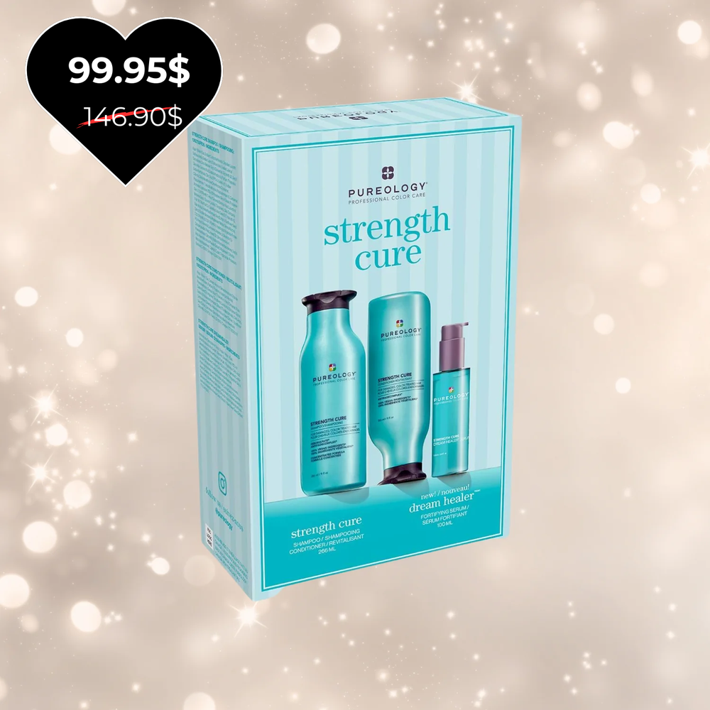 Trio Pureology Strength Cure 2025 : shampooing, revitalisant et spray leave-in