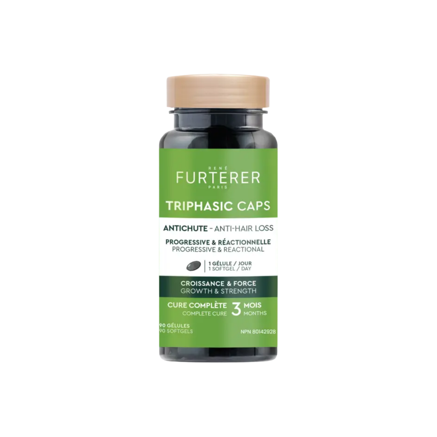 Flacon de capsules Triphasic Caps – complément alimentaire pour densité capillaire