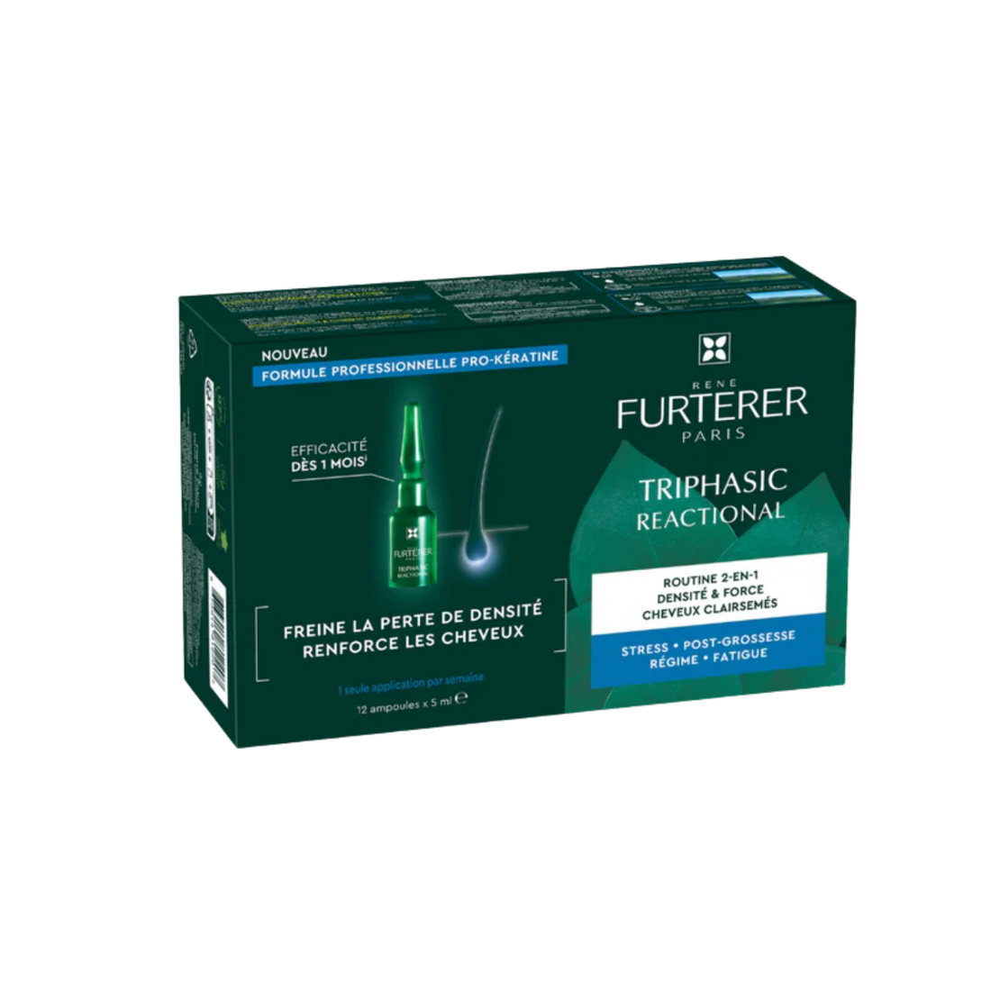Coffret de 12 ampoules Triphasic Reactional 5 ml, traitement antichute René Furterer.

