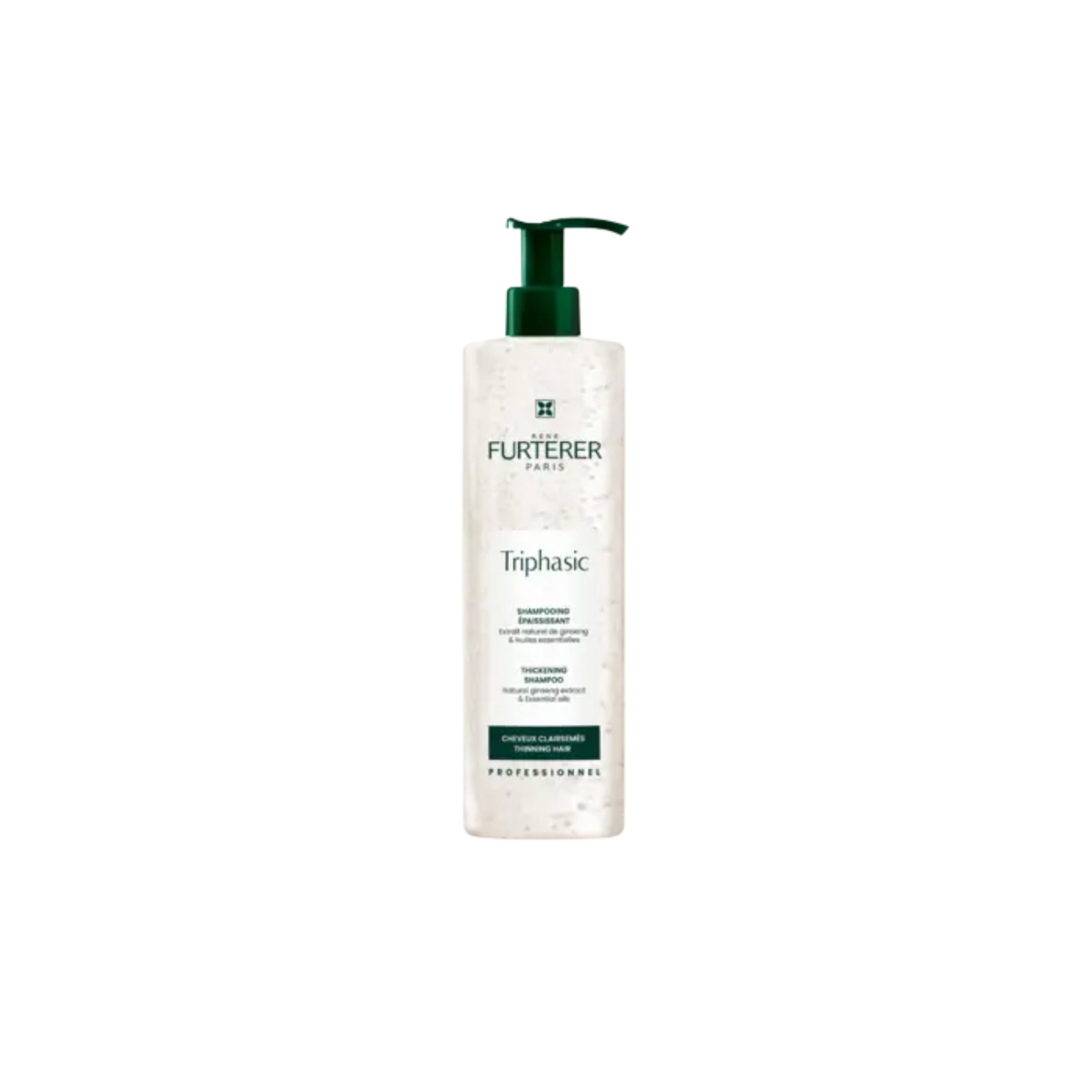 Flacon de Triphasic Shampooing Épaississant René Furterer, 200 ml, aux huiles essentielles, pour densité et volume.

