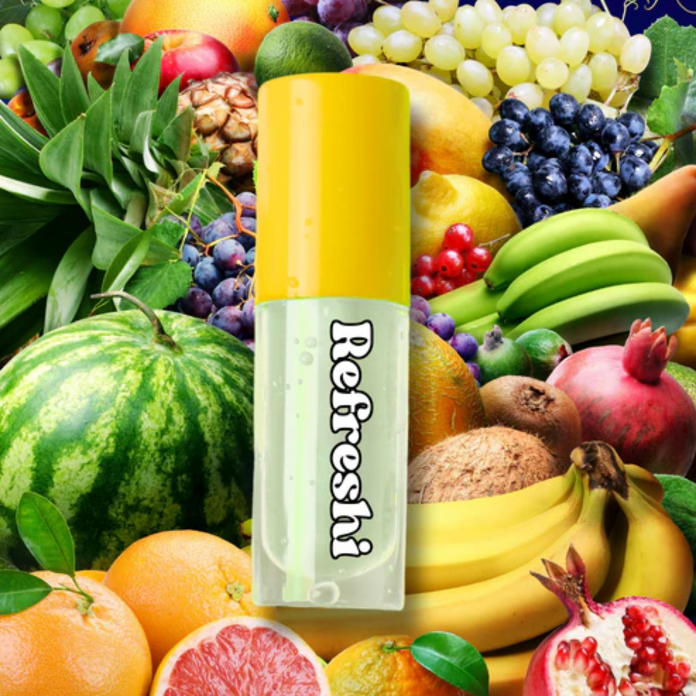 Tube 5 ml Tropical Splash Lip Oil Refreshi, texture brillante non collante, parfum mangue‑ananas fruité, bulles anti‑débordement

