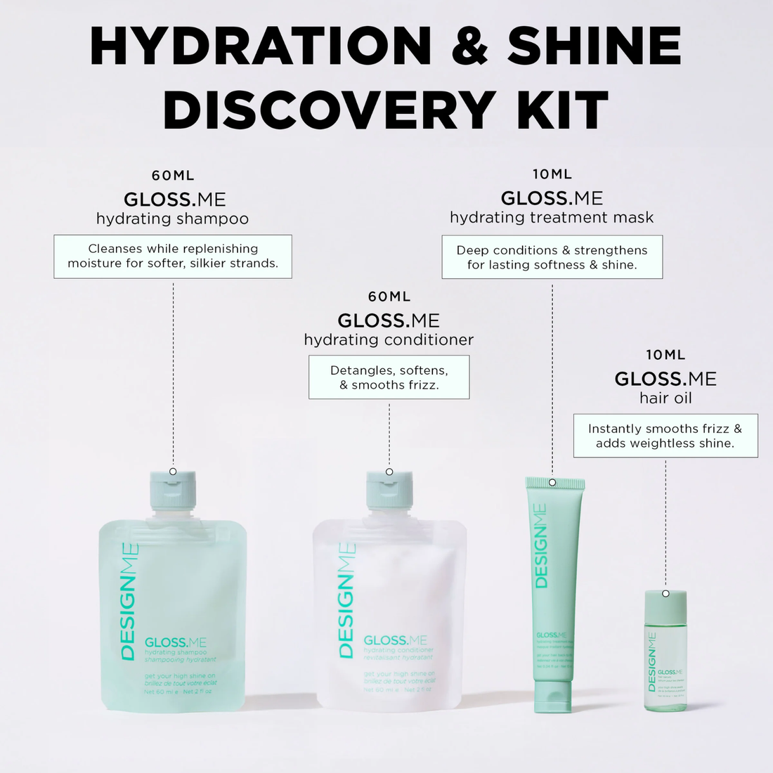 Trousse découverte Hydratation DesignME Hair – kit shampooing, revitalisant, masque et huile pour cheveux hydratés