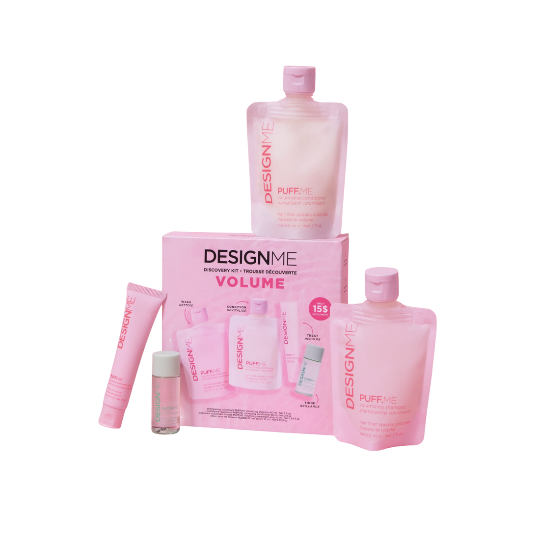 Trousse découverte Volume DesignME Hair – ensemble shampooing, revitalisant, spray et traitement pour volume cheveux