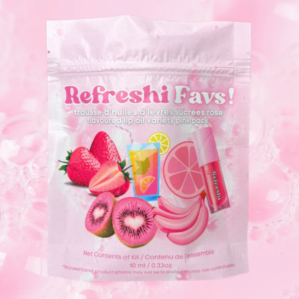 Trousse d'huiles à lèvres Refreshi Favs Fruité avec 5 mini-tubes aux saveurs fruitées

