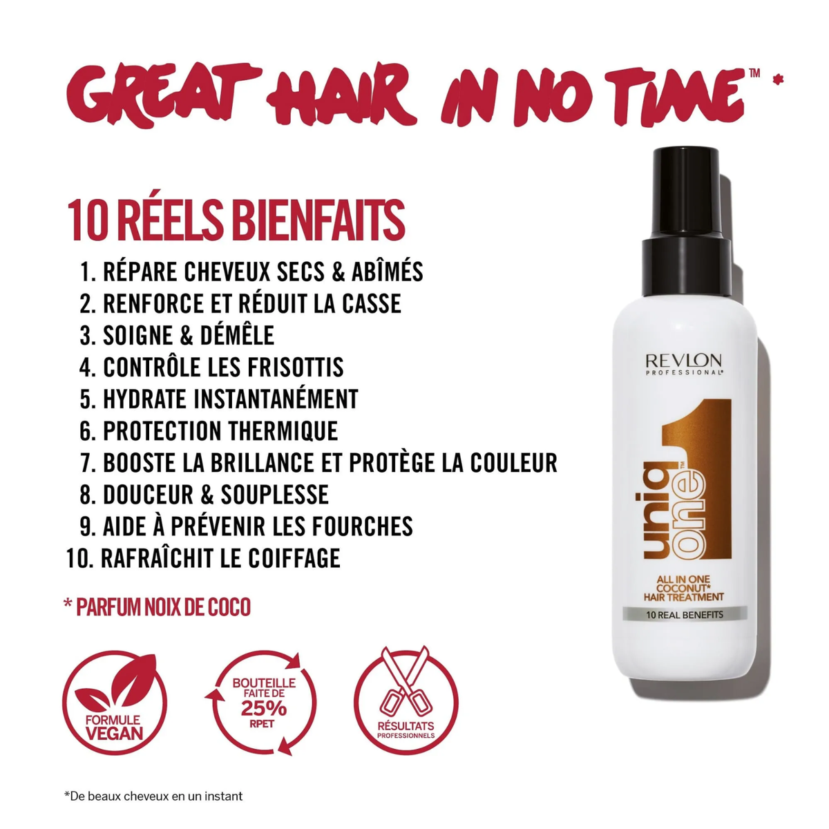 Avant après cheveux doux et brillants soin coco Revlon UniqOne