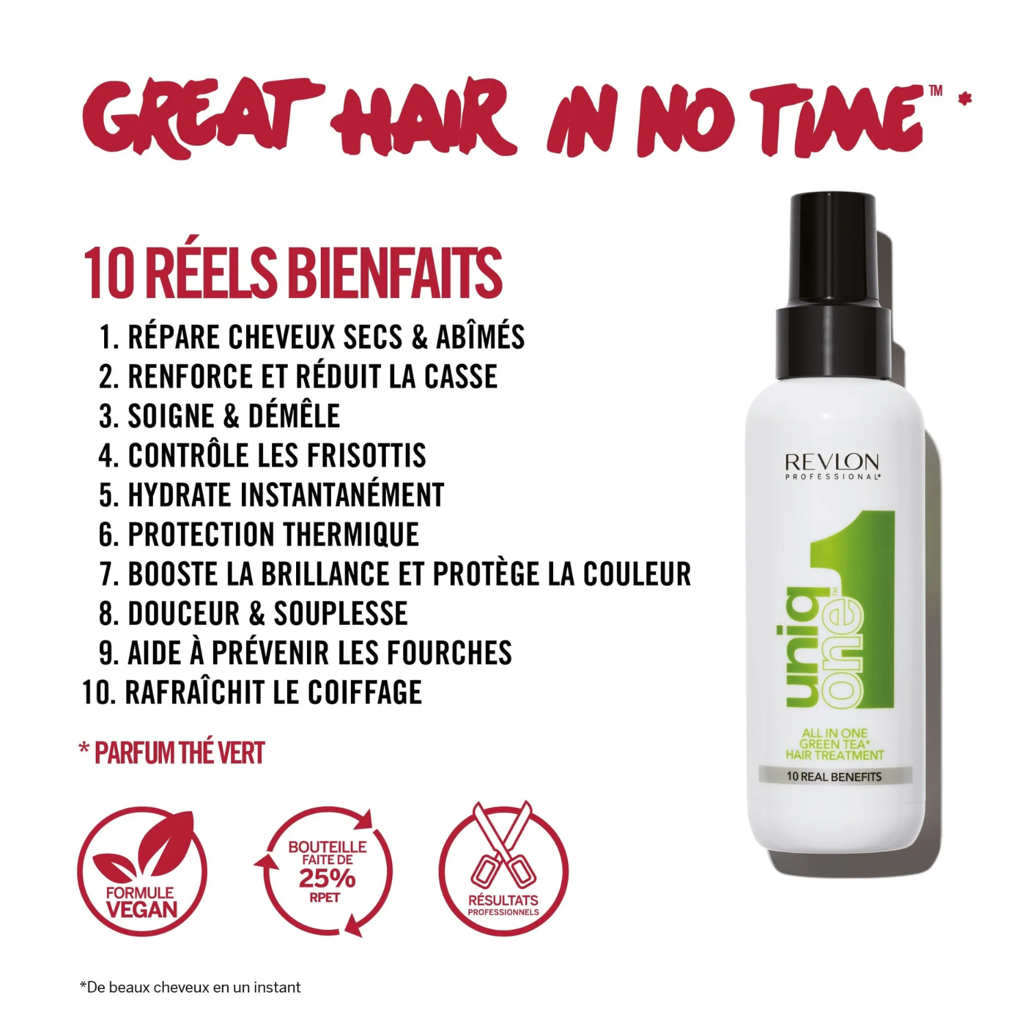Avant après cheveux doux et brillants UniqOne thé vert
