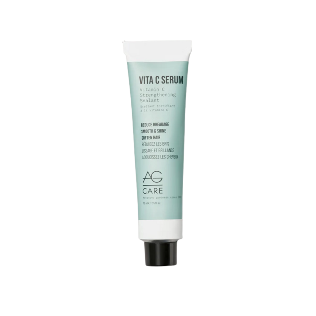 Flacon de AG Care Vita C Serum posé sur fond neutre, cheveux lisses et brillants en arrière-plan