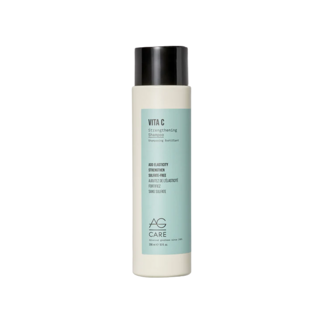 Flacon AG Care Vita C Strengthening Shampoo sur fond neutre, cheveux doux et brillants
