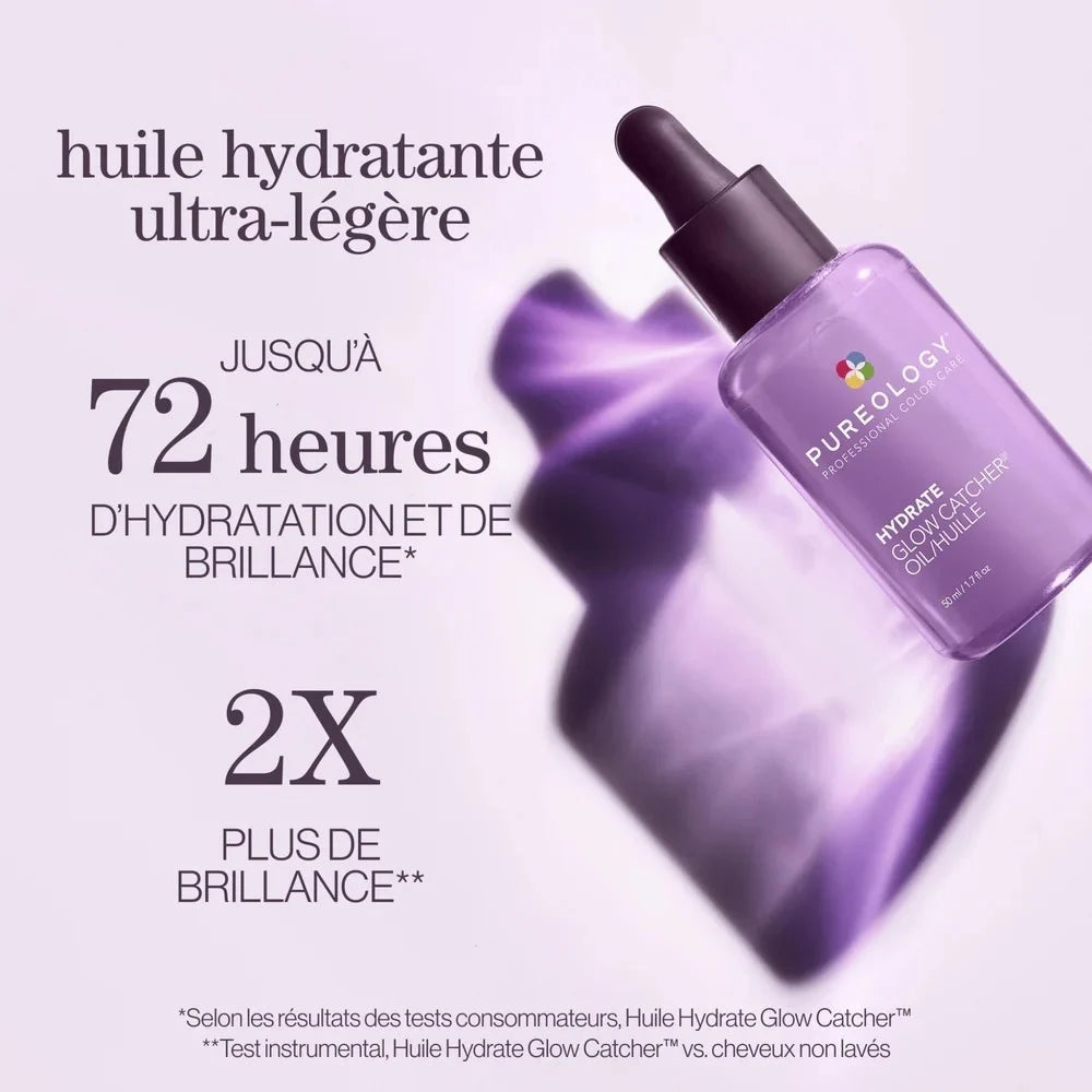 Flacon d’huile capillaire Pureology Hydrate Glow Catcher Oil posé sur une surface neutre.
